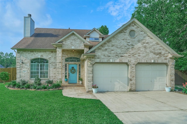 7503 Revelwood Dr, Magnolia, TX 77354 - view of front of house featuring a garage, concrete driveway, a chimney, roof with shingles, and brick siding