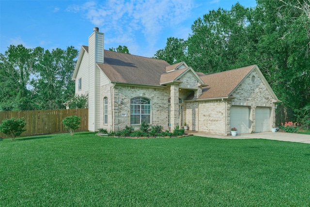 7503 Revelwood Dr, Magnolia, TX 77354 - view of front facade featuring brick siding, a garage, driveway, and a chimney