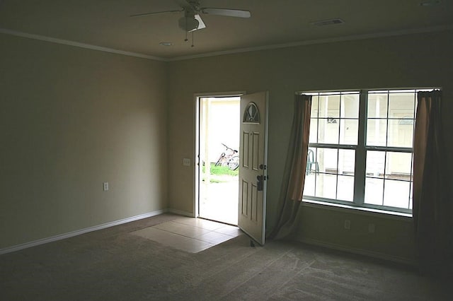 104 Longstreet Rd, Willis, TX 77378 - entryway featuring carpet, a ceiling fan, ornamental molding, and baseboards