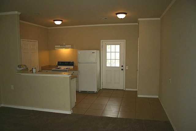 104 Longstreet Rd, Willis, TX 77378 - kitchen featuring white appliances, under cabinet range hood, light tile patterned floors, baseboards, and ornamental molding