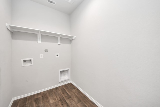 4727 Lombardy Fire Trl, Katy, TX 77449 - clothes washing area featuring electric dryer hookup, hookup for a washing machine, dark wood-style flooring, baseboards, and hookup for a gas dryer