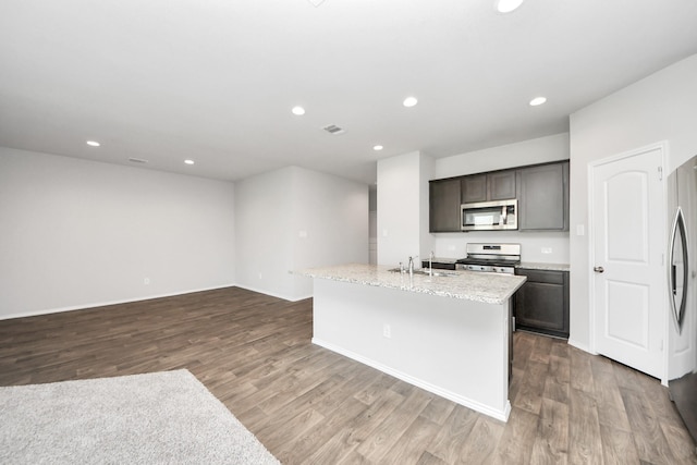 4727 Lombardy Fire Trl, Katy, TX 77449 - kitchen with appliances with stainless steel finishes, wood finished floors, recessed lighting, a kitchen island with sink, and a sink