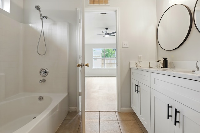 5318 Cilantro Ln, Baytown, TX 77521 - full bath featuring vanity, a ceiling fan, bathtub / shower combination, tile patterned flooring, and baseboards