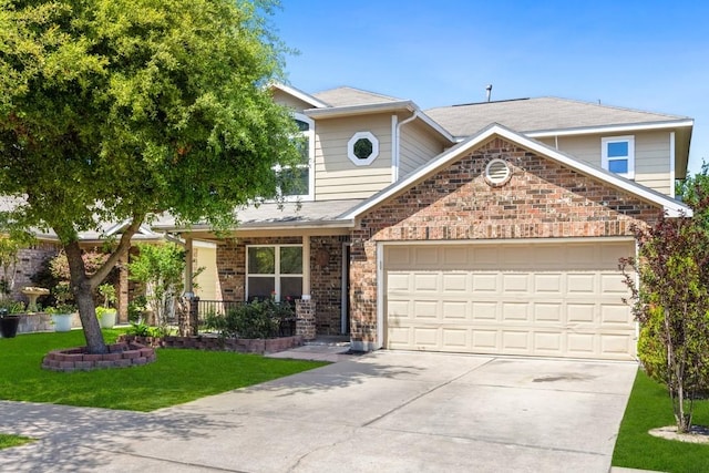 6818 Whitbourne Meadow Ln, Houston, TX 77040 - traditional-style house featuring concrete driveway, a garage, a front lawn, brick siding, and a shingled roof