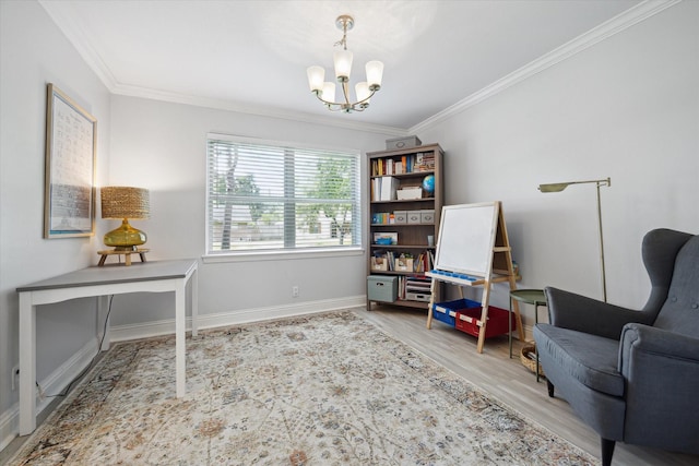5402 Indigo St, Houston, TX 77096 - living area with crown molding, a chandelier, wood finished floors, and baseboards