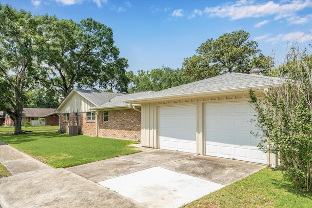 5402 Indigo St, Houston, TX 77096 - ranch-style house featuring concrete driveway, an attached garage, brick siding, a front lawn, and roof with shingles