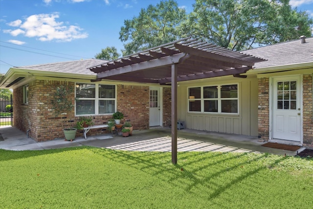 5402 Indigo St, Houston, TX 77096 - back of property featuring roof with shingles, a pergola, a lawn, a patio, and board and batten siding