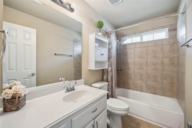 full bath featuring toilet, shower / bath combination with curtain, and vanity
