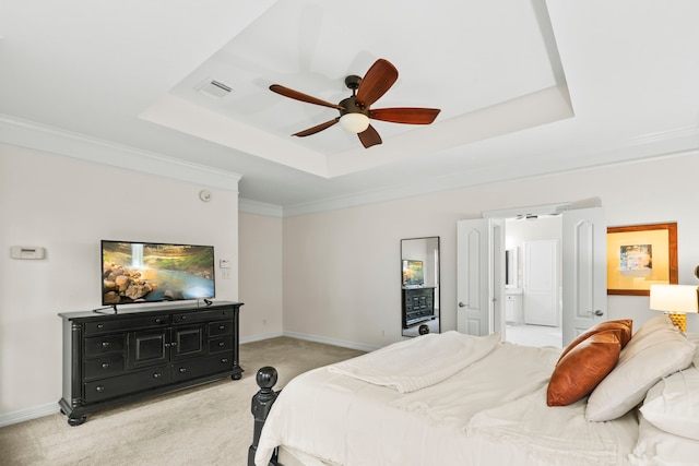 6503 Ambercrest Ct, Spring, TX 77389 - bedroom with a raised ceiling, light colored carpet, baseboards, ceiling fan, and ornamental molding