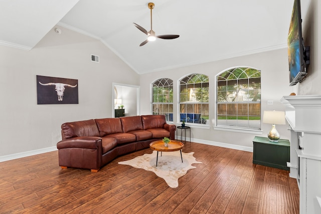6503 Ambercrest Ct, Spring, TX 77389 - living room with ceiling fan, wood finished floors, ornamental molding, lofted ceiling, and baseboards
