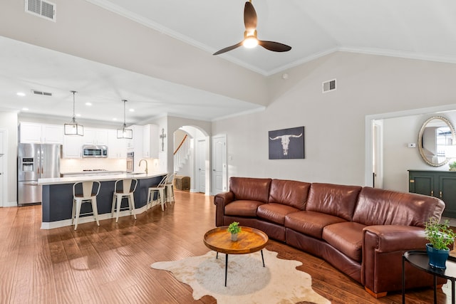 6503 Ambercrest Ct, Spring, TX 77389 - living room with arched walkways, a ceiling fan, vaulted ceiling, light wood finished floors, and ornamental molding