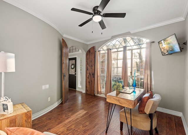6503 Ambercrest Ct, Spring, TX 77389 - office with wood-type flooring, ornamental molding, ceiling fan, baseboards, and arched walkways