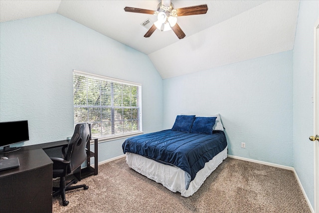 3119 Five Oaks Dr, Missouri City, TX 77459 - bedroom with vaulted ceiling, an office area, carpet flooring, baseboards, and ceiling fan