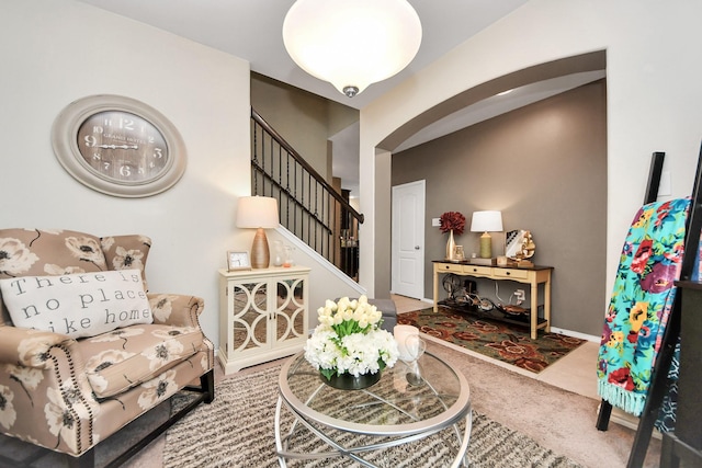 9703 Tipton Sands Dr, Humble, TX 77396 - living room featuring stairs, carpet flooring, and baseboards