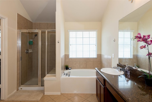 6222 Skyline Dr Unit 23, Houston, TX 77057 - full bath with tile patterned floors, a stall shower, vanity, a garden tub, and lofted ceiling
