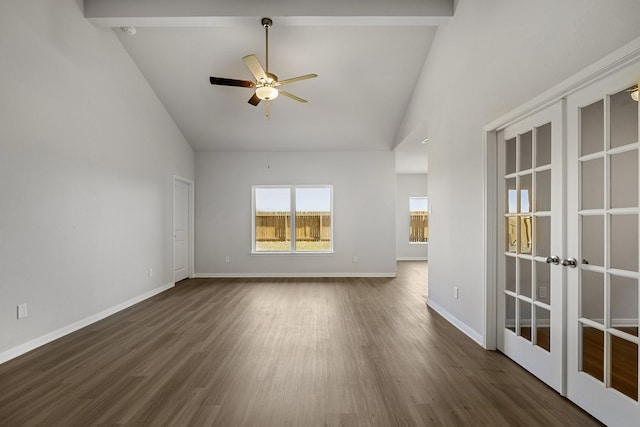 377 Tejas Trl, Waller, TX 77484 - spare room with high vaulted ceiling, dark wood finished floors, french doors, baseboards, and a ceiling fan