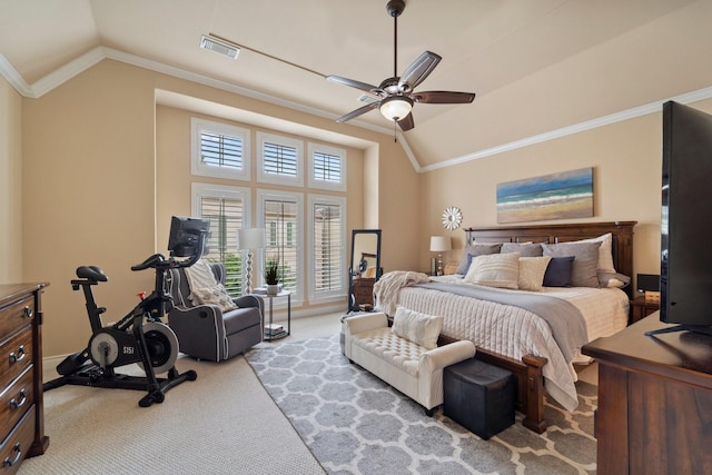 3219 N Pemberton Circle Dr, Houston, TX 77025 - bedroom featuring lofted ceiling, ornamental molding, carpet flooring, baseboards, and ceiling fan