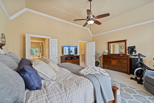 3219 N Pemberton Circle Dr, Houston, TX 77025 - bedroom featuring light colored carpet, ornamental molding, ceiling fan, and high vaulted ceiling