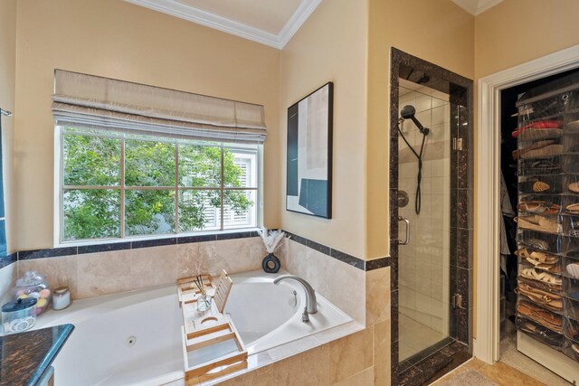 3219 N Pemberton Circle Dr, Houston, TX 77025 - bathroom featuring crown molding, a shower stall, and a jetted tub