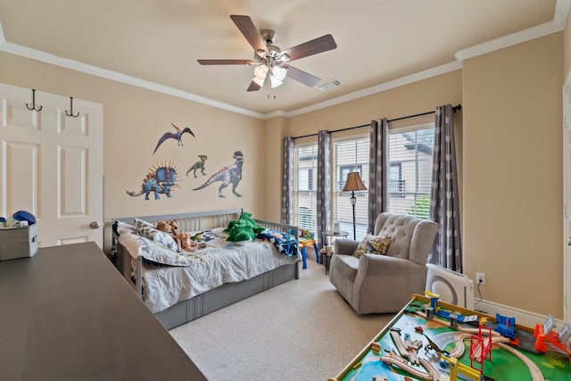 3219 N Pemberton Circle Dr, Houston, TX 77025 - bedroom with crown molding, ceiling fan, and carpet floors