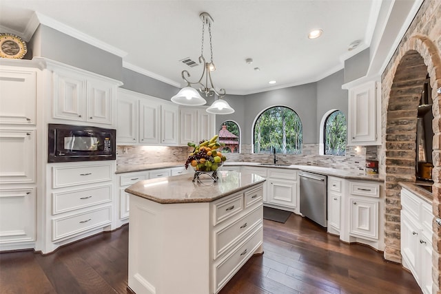 3230 Ivy Falls Dr, Houston, TX 77068 - kitchen featuring dishwasher, black microwave, a sink, crown molding, and dark wood-type flooring