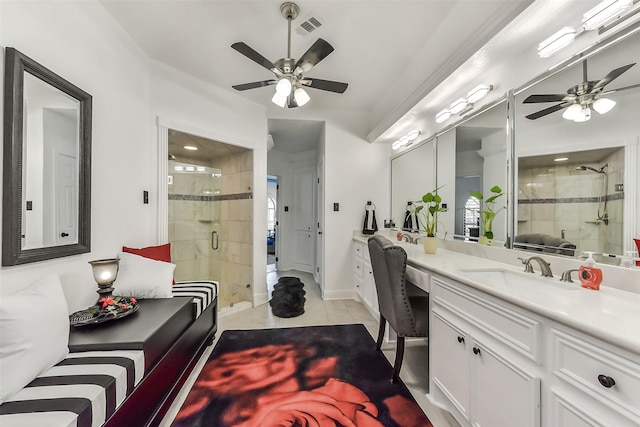 3230 Ivy Falls Dr, Houston, TX 77068 - bathroom with a ceiling fan, a shower stall, and tile patterned floors