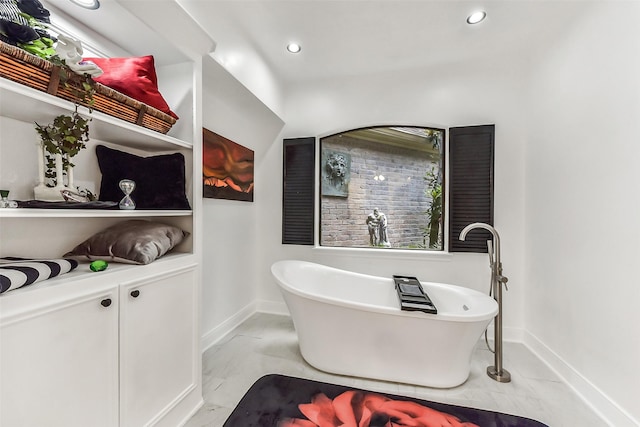 3230 Ivy Falls Dr, Houston, TX 77068 - full bath featuring a freestanding bath, baseboards, marble finish flooring, and recessed lighting