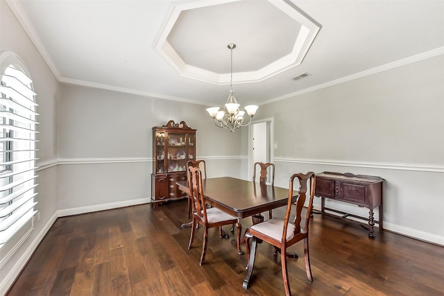 3230 Ivy Falls Dr, Houston, TX 77068 - dining space with a chandelier, wood finished floors, ornamental molding, a raised ceiling, and baseboards