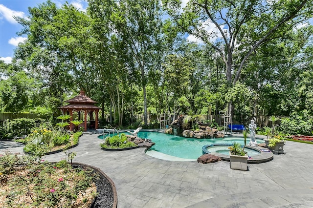 3230 Ivy Falls Dr, Houston, TX 77068 - view of swimming pool featuring a gazebo, a patio, a fenced backyard, and view of scattered trees