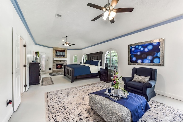 3230 Ivy Falls Dr, Houston, TX 77068 - bedroom featuring a large fireplace and baseboards