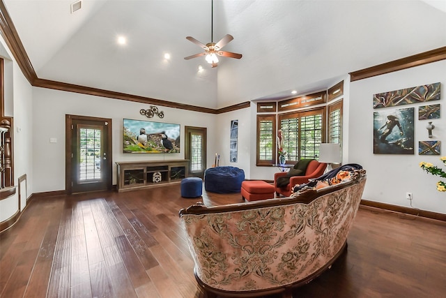 3230 Ivy Falls Dr, Houston, TX 77068 - living area featuring a ceiling fan, baseboards, dark wood-style floors, crown molding, and a fireplace