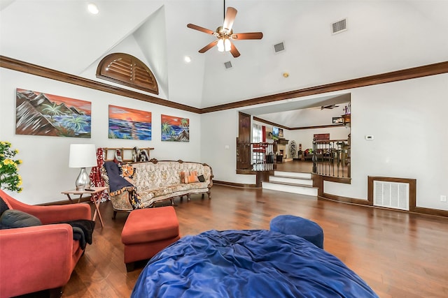 3230 Ivy Falls Dr, Houston, TX 77068 - living area featuring a ceiling fan, wood finished floors, baseboards, high vaulted ceiling, and crown molding