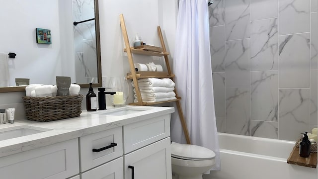 1918 Hoskins Dr, Houston, TX 77080 - bathroom with toilet, double vanity, and shower / bathtub combination with curtain