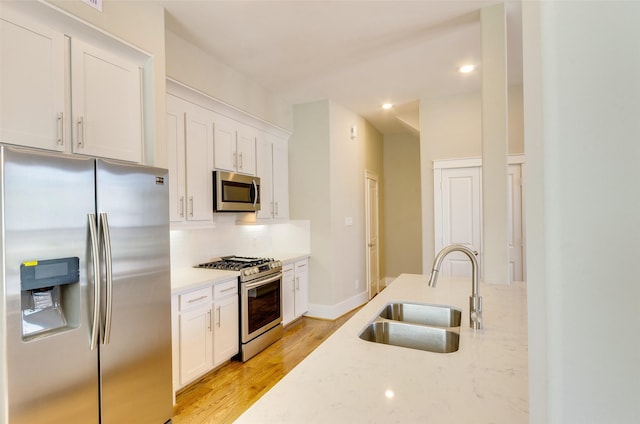kitchen with appliances with stainless steel finishes, a sink, backsplash, light wood-type flooring, and white cabinetry