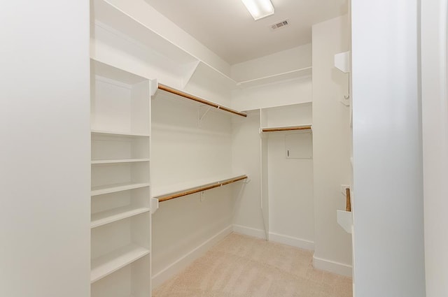walk in closet with light carpet