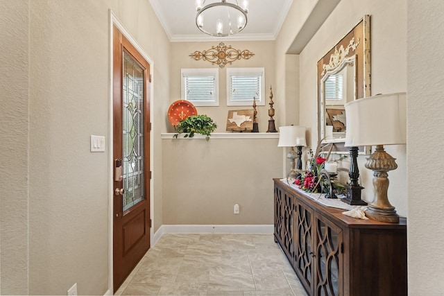 514 Pearl View Ln, Pinehurst, TX 77362 - entryway featuring a chandelier, ornamental molding, and baseboards