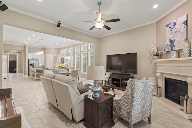 514 Pearl View Ln, Pinehurst, TX 77362 - living area with recessed lighting, a glass covered fireplace, a chandelier, ceiling fan, and crown molding
