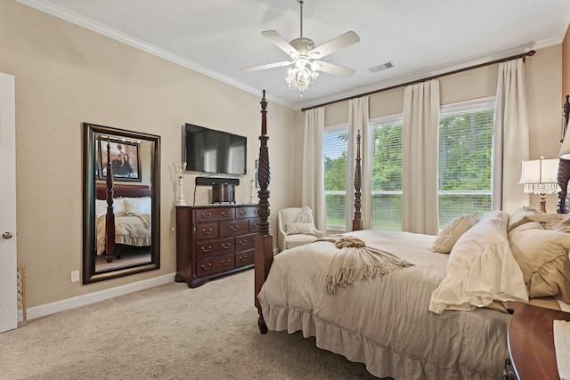 514 Pearl View Ln, Pinehurst, TX 77362 - carpeted bedroom featuring ornamental molding, baseboards, and a ceiling fan
