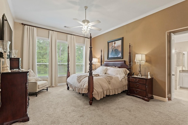 514 Pearl View Ln, Pinehurst, TX 77362 - carpeted bedroom with ornamental molding, baseboards, ensuite bathroom, and ceiling fan