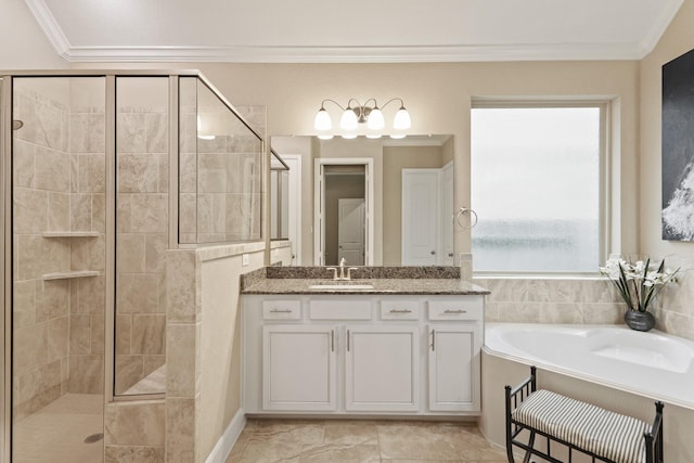 514 Pearl View Ln, Pinehurst, TX 77362 - full bath with a stall shower, ornamental molding, vanity, and a bath