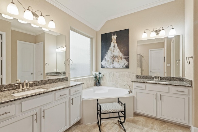 514 Pearl View Ln, Pinehurst, TX 77362 - full bathroom with crown molding, a bath, two vanities, and lofted ceiling