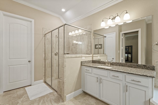 514 Pearl View Ln, Pinehurst, TX 77362 - full bath with ornamental molding, a stall shower, and vanity