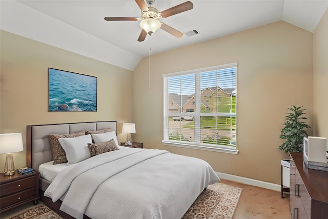 514 Pearl View Ln, Pinehurst, TX 77362 - bedroom featuring vaulted ceiling, baseboards, ceiling fan, and light carpet
