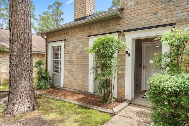 65 Hickory Oak Dr, The Woodlands, TX 77381 - view of exterior entry with a chimney and brick siding