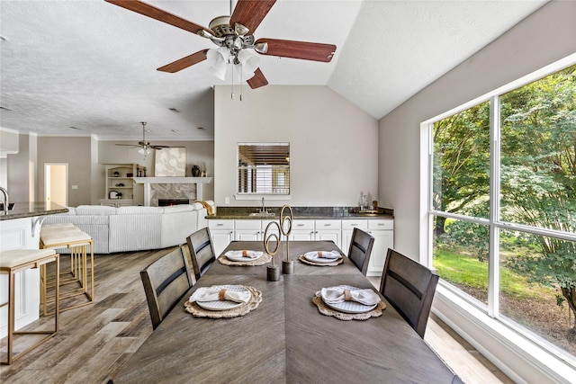 170 April Cv, Montgomery, TX 77356 - dining room with a ceiling fan, wood finished floors, a warm lit fireplace, healthy amount of natural light, and vaulted ceiling