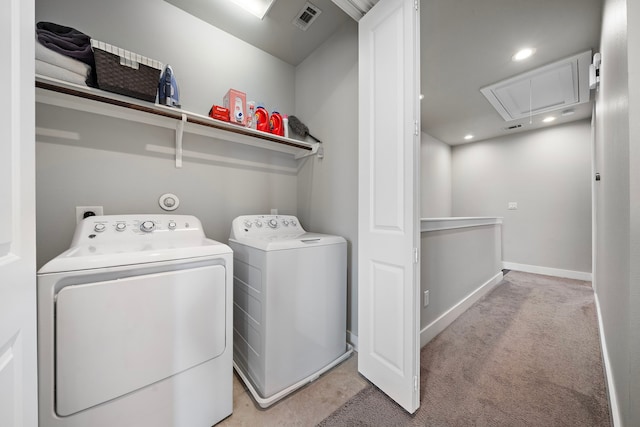 laundry room featuring attic access, independent washer and dryer, light colored carpet, baseboards, and recessed lighting