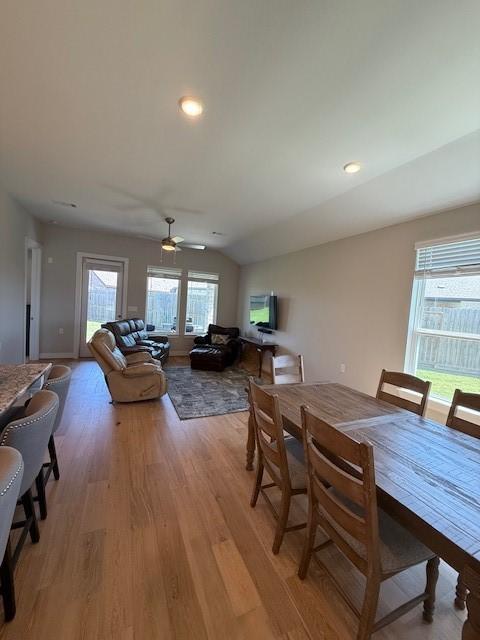 18714 Sweetwater Springs Dr, Cypress, TX 77433 - dining space with plenty of natural light, light wood-type flooring, ceiling fan, and lofted ceiling