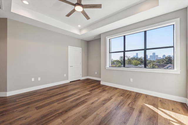 3104 Eunice St, Houston, TX 77009 - unfurnished room featuring baseboards, recessed lighting, dark wood-style flooring, and a ceiling fan