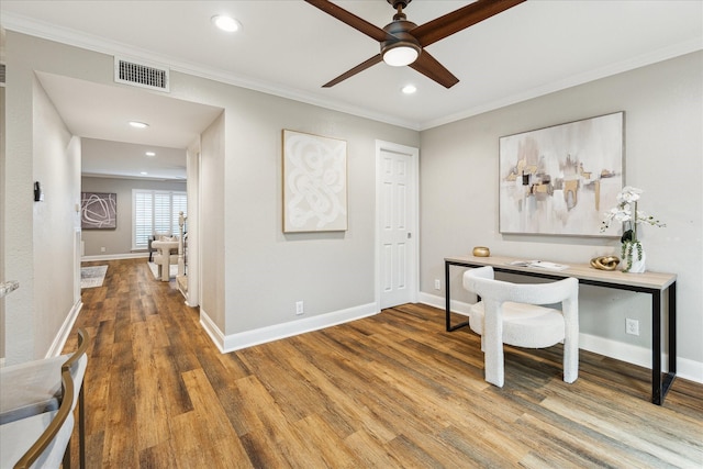 12709 Huntingwick Dr Unit 167, Houston, TX 77024 - office area with crown molding, wood finished floors, ceiling fan, recessed lighting, and baseboards