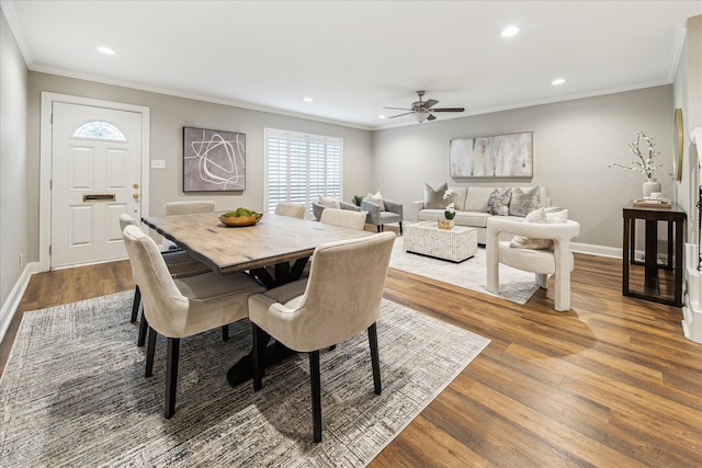 12709 Huntingwick Dr Unit 167, Houston, TX 77024 - dining space with crown molding, ceiling fan, dark wood-style flooring, baseboards, and recessed lighting